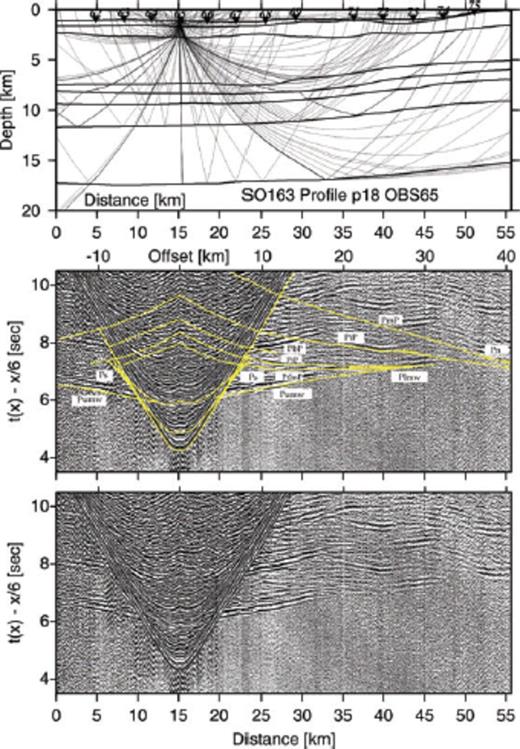 Record section and ray diagram for station OBH65 deployed along the strike-line SO163-P18. Please refer to Fig. 6 for display information. Strong phases PtlmP and Plmw track the lower margin wedge. The reflection phase PiP tracks the top of the lower oceanic crust. The oceanic crust-mantle boundary is recorded as reflection PmP.