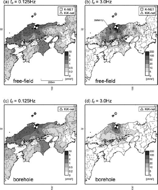 Distribution of the PGA in terms of the tangential component ground motion from the mainshock of the 2000 Tottori-Ken Seibu, Japan, earthquake at frequencies of (a) 0.125 Hz and (b) 3.0 Hz derived from the waveform of 523 free-field (K-NET and KiK-net) stations, and 220 borehole (KiK-net) station records at frequencies of (c) 0.125 Hz and (d) 3 Hz.