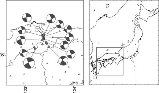 Map showing the epicentre of the 2000 Tottori-Ken Seibu, Japan, Mw 6.6 earthquake that occurred in southwestern Japan, and the distribution of 29 aftershocks used in the present study. The CMT solutions of largest 12 events are also shown.