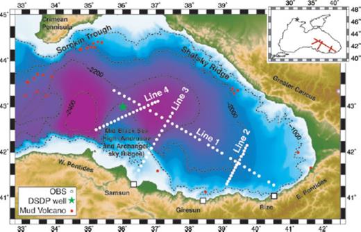 Map of the eastern Black Sea showing the location of the seismic experiment with elevation and bathymetry taken from GEBCO (IOC IHO BODC, 2003). The inset shows the location of the survey relative to the entire Black Sea. Positions of each OBS are shown as a white dot. Known locations of mud volcanoes are taken from Krastel et al. (2003), Ivanov et al. (1996) and Kruglyakova et al. (2004), and are shown as red dots. Other major features are also labelled and discussed further in the text.