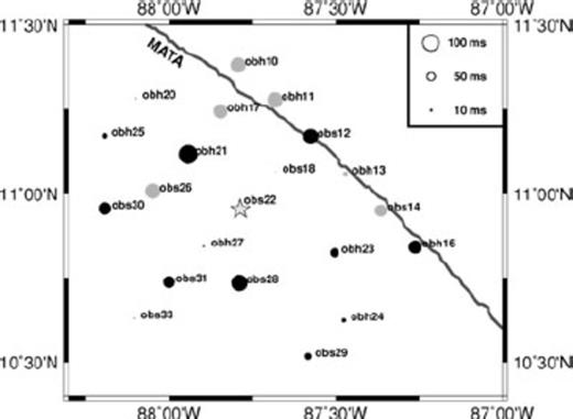 P-wave station corrections terms calculated and applied in the final iteration of VELEST. Black circles denote negative values and hence early arrivals; grey circles denote positive values (late arrivals). The star denotes the reference station obs22. Station corrections may contain contributions of both, the geological subsurface structure and the neglect of station elevations. MATA stands for Middle America Trench Axis.