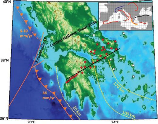 Location of the temporary MEDUSA seismic array. Broad-band seismic stations are represented by circles. The 35 stations that were used in this study are highlighted in red, and the projection line for the 2-D-GRT inversion is indicated in black. Stations in white were discarded in the present analysis, either because of high noise levels or large lateral offsets to the projection line. The yellow dashed lines delineate the depth of the slab inferred from Wadati–Benioff seismicity. The convergence rates are indicated in orange fonts and major tectonic features of the area are named. The inset modified after Royden (1993) shows the location of the study area relative to the Mediterranean region and an overview over the major tectonic features: the North Anatolian fault (black), the collisional mountain belt of the Alps (blue), inactive/slow subduction in the Betics Rif, Carpathians, Apennines and Hellenic arc (red), and active/rapid subduction in the Hellenic arc (red and yellow).