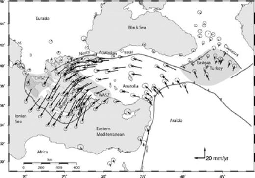GPS velocities of the Aegean region and Turkey with respect to Eurasia, from McClusky et al. (2000). Dark grey lines indicate boundaries between rigid lithospheric fragments. Areas where the motion between fragments is accommodated by regional deformation are shaded in light grey. The Aegean block, which comprises most of the Aegean Sea, the southern part of the Peloponnesus, Crete, and westernmost Turkey, moves as a rigid block. It is bordered by the Central Hellenic Shear Zone (CHSZ) to the northwest and by the Western Anatolian Shear Zone (WASZ) to the northeast. The Hellenic thrust belt marks the limits of the Aegean block to the southwest and to the southeast. Compared to the westward movement of Anatolia, the Aegean block has a more pronounced south-oriented velocity component.