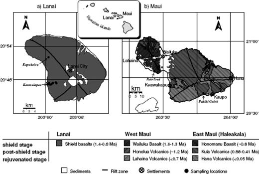 Geological sketch map of Maui and Lanai (Hawaiian Islands) according to Langenheim & Clague (1987). Filled circles indicate sampling locations on both islands. The given ages of the volcanic series are the oldest respectively youngest K/Ar determinations according to Naughton et al. (1980).