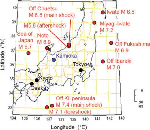 Location of the Kamioka observatory (blue circle) and epicentres of 10 analysed earthquakes (red circles) that occurred in 2004 (foreshock and main shock of Off Kii peninsula), 2007 (Noto, main shock and aftershock of Off Chuetsu, and Sea of Japan), and 2008 (Off Ibaraki, Miyagi-Iwate, Off Fukushima and Iwate). The Ms denote the earthquake magnitudes on the Japan Meteorological Agency (JMA) scale.