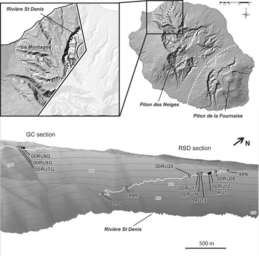 Location of sampled sections. (a) Shadowed digital elevation model (Institut Géographique National) of the Réunion Island with Rivière St Denis (RSD) section close-up. (b) Perspective view of the western wall of the RSD canyon. Elevation is given in metres above sea level. White (black) symbols show lava flows with a measured reverse (normal) magnetic polarity, while black and white symbols are for transitional direction lava flows. No palaeomagnetic measurements were made in this study for dated lava flows with open symbols. Names in italic indicate lava flows not selected for K-Ar dating.