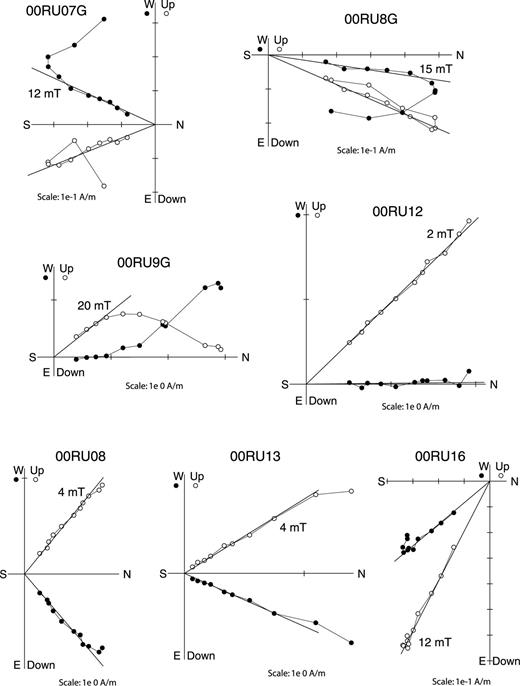 Typical Zijderveld (1967) projection diagrams obtained during alternating field (AF) demagnetization. Straight lines show the ChRM calculated between a given step (value indicated in mT) and the origin. Solid symbols correspond to projections onto the horizontal plane, while open symbols are projections onto the vertical plane.