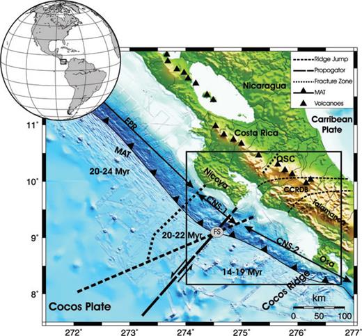 Tectonic settings of Costa Rica and Nicaragua. Offshore tectonic structures are from Barckhausen et al. (2001). MAT: Mid-America Trench; EPR: East Pacific Rise; CNS-1: Cocos Nazca Spreading Centre 1; CNS-2: Cocos Nazca Spreading Centre 2; FS: Fisher Seamount. Onshore tectonic structures are from Walther et al. (2000) and Protti et al. (1994). CCRDB: Central Costa Rica Deformation Belt; QSC: Quesada Sharp Contortion. The rectangular box indicates the study area. For a more detailed view see Fig. 2.
