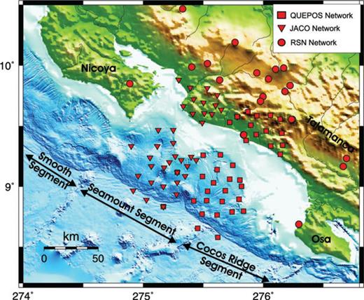 Tectonic segments and station distributions in central Costa Rica.