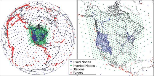 Event and station distribution, and spherical spline nodes used for the model parametrization. Left-hand panel shows the events (red stars) on the global scale, centred on North America (NA). Blue triangles are broad-band stations used. Green dots are the level 6 (∼250 km spacing) and 5 (∼500 km spacing) spherical spline model nodes targeting the study area, for isotropic velocity/radial anisotropy, and azimuthal anisotropy inversion, respectively. Blue dots are the level 4 (∼1000 km spacing) nodes used to correct for the outside 3-D structure, which remains fixed in the inversion. Right-hand panel is a zoomed view for the North American region.