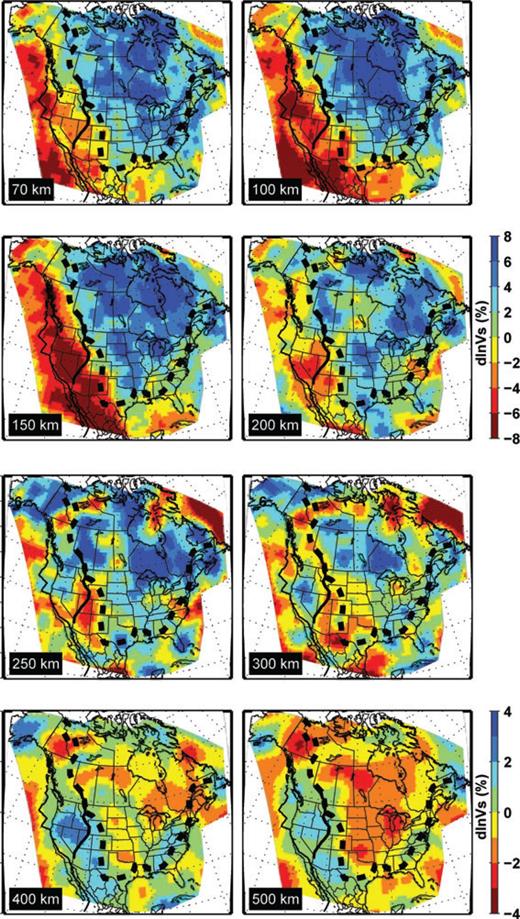 Isotropic velocity (Vs) perturbations, plotted with respect to the NA regional average shown in (Fig. 3). Black dashed line approximately delineates the continent cratonic region, which approximately follows the Rocky Mountain front (RMF) to the west, and the Ouachita and Appalachian fronts to the south and east. Velocity variations are saturated at –8 to 8 per cent scale at ≤200 km depth, and –4 to 4 per cent below 200 km. The Palaeozoic continent rift margin in the western US, which spatially correlates with the Sevier thrust and fold belt in the western US, is shown as a black line for reference.