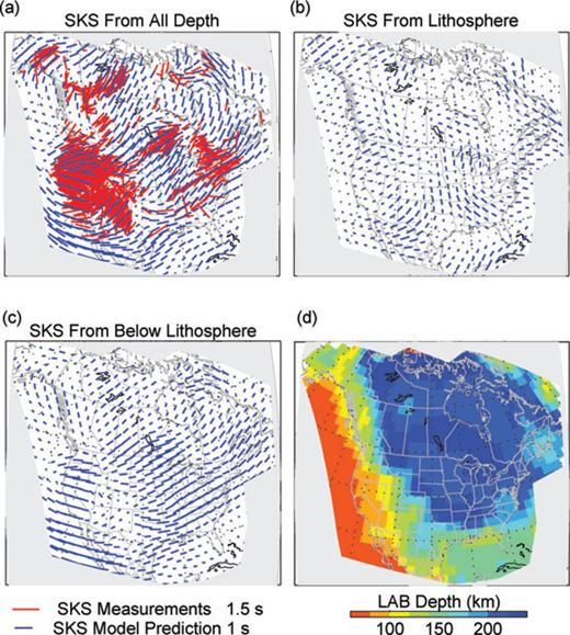 Apparent SKS predictions from various portions of the model space: (a) full depth of the inverted 3-D models; (b) lithospheric portion of the 3-D models assuming isotropic structure below, using the lithosphere thickness shown in (d); (c) deeper portion of the 3-D models assuming an isotropic lithosphere. Red bars in (a) are the SKS measurements for comparison. (d) is the estimated LAB map of the North American continent. Note LAB depths shown in (d) are based on vertical gradients in azimuthal anisotropy beneath the craton and the Phanerozoic eastern US, and on vertical gradients and peak values of radial anisotropy in the western US. If the latter definition was employed in the Phanerozoic eastern US, LAB depths would in general be shallower than those shown here.