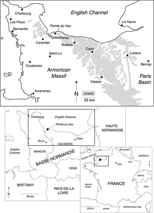 Outline maps showing the location of Pointe du Hoc in Normandy, France. Jurassic outcrops in the region between the Paris Basin and the Armorican Massif are shaded.