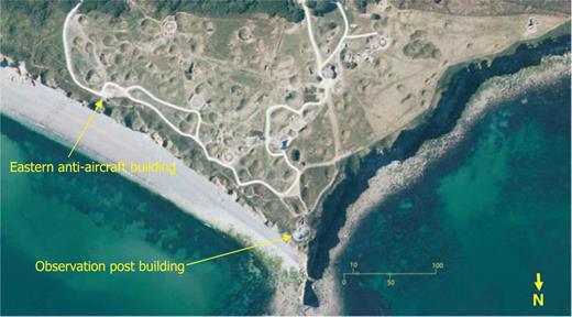 An aerial view of Pointe du Hoc showing locations of the two major at-risk buildings.