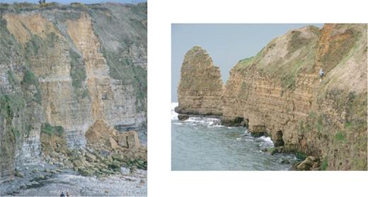 Rock collapses and marine basal notching. (a) A pair of recent collapses on the east side of Pointe du Hoc; note the persons at the top and bottom of the photo for scale; (b) marine basal notching at the bottom of the cliffs; note the rock climber for scale.
