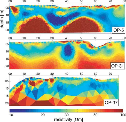 Representative 2-D resistivity tomograms from the OP survey; see text for details. Note that the colour scale is different to the other ERT images shown in this paper.