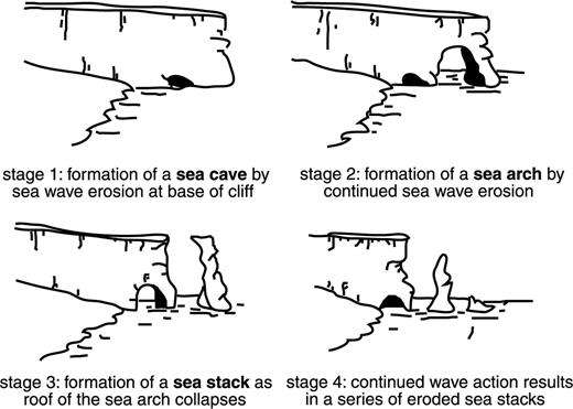 Erosion of a headland resulting in formation of a sea arch and stack; adapted from www.geobytesgcse.blogspot.com.