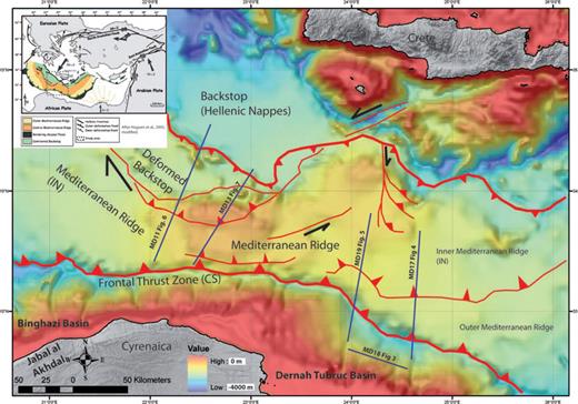 Main morphostructural elements of the studied area, including the Cyrenaica foreland basin and the bordering Mediterranean Ridge (modified from Chamot-Rooke et al. 2005) are shown on a shaded bathymetric map (from Gebco, 2003). Location of MCS lines MD11, 13, 17, 18 and 19, illustrated and discussed in this paper, are indicated in blue lines. In red, main thrust zones (frontal thrust and back thrust of the Mediterranean Ridge) and main strike-slip fault zones across the Mediterranean Ridge and its backstop. In upper left corner: plates, main kinematic, tectonic elements and location of the study area (after Huguen et al. 2005).