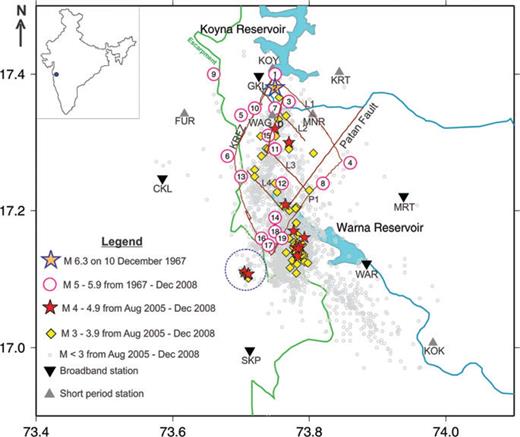 A map of the Koyna–Warna region in western India indicating the current and past seismicity along with the seismograph network used in this study. KRFZ, D and P1 represent the Koyna River Fault Zone, Donichiwada Fault and a NE–SW trending fault parallel to the Patan Fault, respectively. L1, L2, L3 and L4 are NW–SE trending fractures representing steep boundaries of crustal blocks (Fault geometry Talwani 1997b). The encircled region indicates the new seismic zone identified. Inset: Map of India indicating the study region.