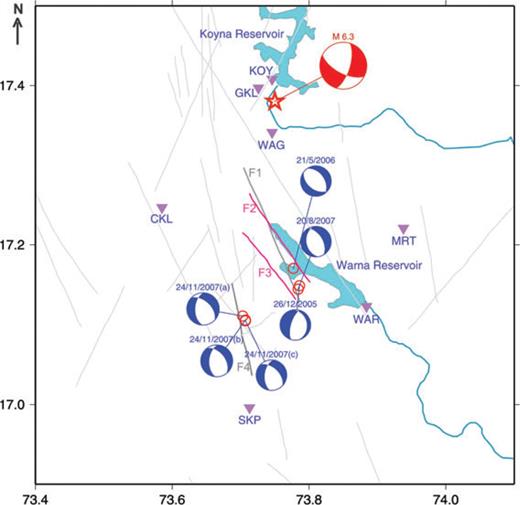 Focal mechanism solutions obtained in this study (blue) for the Warna region using the waveform inversion approach, along with the focal mechanism of the 1967 Koyna earthquake of M 6.3 (red) by Langston (1976). Also plotted are the lineaments F1 and F4 inferred from LANDSAT imageries (Langston 1981) and F2 and F3 inferred from aeromagnetic anomalies (Agrawal et al. 2004) that are seen to correlate well with the fault planes of the estimated focal mechanisms.
