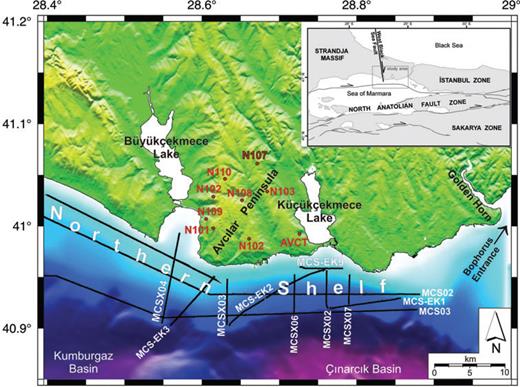 The topographical and bathymetric view of the study area. Topography data are provided by İstanbul Metropolitan Municipality. Bathymetry data merged from this project and Le Pichon et al. (2001). The whole data are processed and mapped by Generic Mapping Tools (GMT; Wessel & Smith 1991). Black lines are the multichannel seismic profiles and labels on land are the GPS sites (AVCT is continuous and the others are campaign GPS sites). Inset map shows the relationship of the West Black Sea Fault (WBSF) to active tectonic and palaeotectonic features in the region (modified from Okay et al. 1994) and study area in the Marmara Sea.