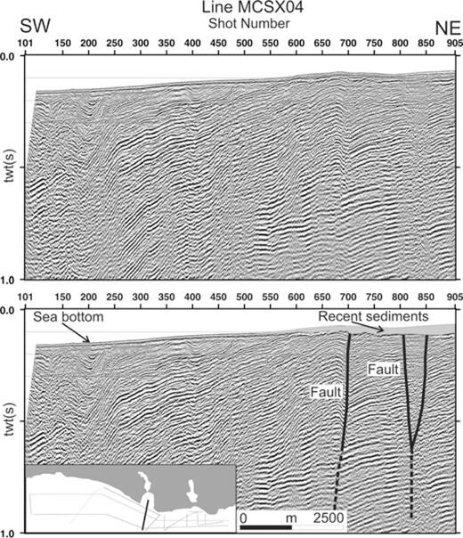 Migrated seismic section MCSX04 and its interpretation. Anomaly of the Çatalca Fault Zone, a fragment of the WBS fault, is observed in this seismic section. A small trough between shots 800 and 850 is seen in the section. This trough is formed between two vertical faults connecting to each other at greater depths. Another fault anomaly is located at shot 700, which is possible, responsible for a push up ridge between shots 550 and 800.