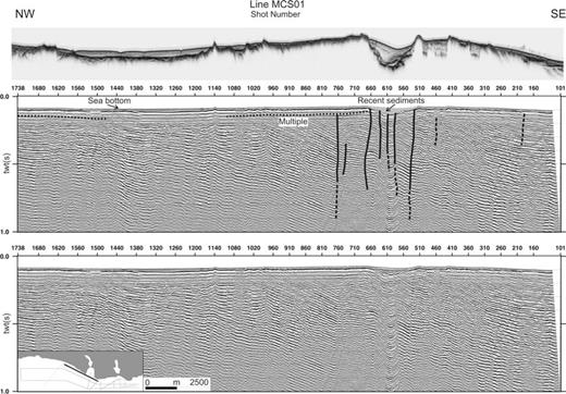 (a) Top figure shows the corresponding single-channel shallow section. (b) Migrated seismic section MCS01 and its interpretation. This section displays an anomaly of the Çatalca Fault Zone between shots 500 and 750. Gently folded, SE-dipping strata are cut by successive subvertical faults between shots 500 and 750.