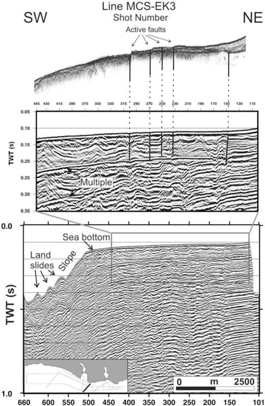 Migrated seismic section MCS-EK3 (bottom panel) and its interpretation of the upper part (middle panel) to minimize the multiple arrival problems. Vertical fault anomalies between shots 150 and 300 in this section are evidences of the Çatalca Fault Zone in this part of the shelf. Southwest part of the section between shots 500 and 660 displays the northern slope and sliding material. Top panel shows the corresponding single-channel shallow section displaying steps in the bathymetry and thin sedimentary coverage, which is an indicator of activity of the Çatalca Fault Zone on offshore.