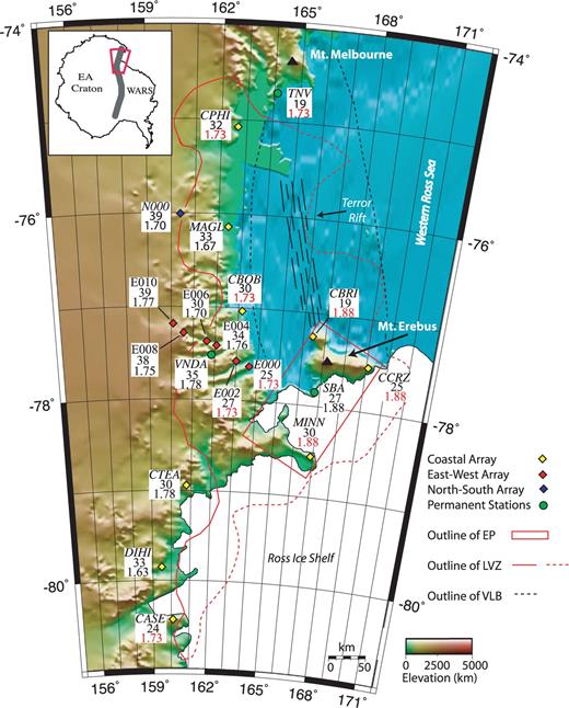 Topographic map of the TAM showing seismic station locations and results from this study. The red box outlines the general extent of the Erebus volcanic province and the thin red line marks the extent of a –1 per cent S-wave velocity anomaly (LVZ) from Watson et al. (2006). The eastern edge of the LVZ is marked with a dashed line because it is not well defined. EA, East Antarctica; WARS, West Antarctic Rift System. Crustal thickness estimates (km) and Vp–Vs ratios are given below each station name. A Vp–Vs ratio in red indicates that it was assumed. Inset shows a map of Antarctica with the study area highlighted. The TAM are marked by the grey line.