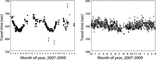 Comparisons of observed (black) and calculated (grey) traveltimes at CHNAR (left-hand side) and ULDAR (right-hand side).