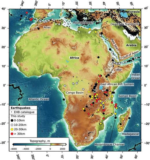 Seismicity in Africa. Small black dots show the full EHB catalogue, updated from Engdahl et al. (1998). Coloured dots are events constrained by body waveform or depth phase modelling, used in this study. Topography is from the SRTM30PLUS model (Becker et al. 2009). The topographic scale given applies to this and all subsequent figures. The principle geographic features are labelled.