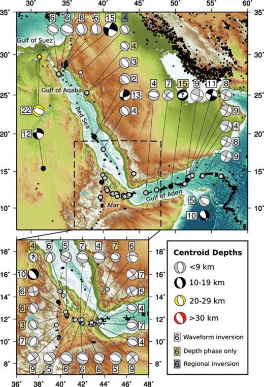 Seismicity along the Africa–Arabia margin. Topography scale in this and subsequent figures is as in Fig. 1. For focal mechanisms, shaded quadrants are compressional, white quadrants are dilatational, with the shading indicative of the event depth. Grey events are ≤9 km, black are 10–19 km, yellow are 20–29 km and red are ≥30 km. Depth is also given by the number adjacent to each mechanism. All depths are for centroids in kilometres. Due to the density of events in Afar, the region is provided as an inset.