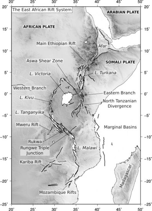 The East African Rift System. Major active faults, from Chorowicz (2005) are shown as black lines. Extension across the region is principally WNW–ESE (Stamps et al. 2008).