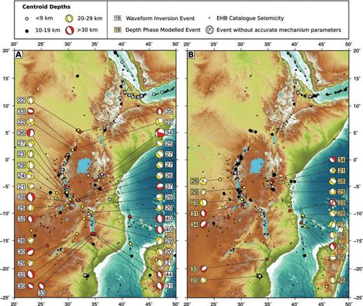 Earthquakes along the East African Rift with centroids ≥20 km. Caption as for Fig. 5.