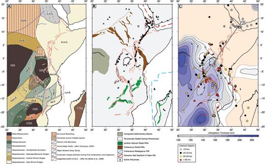 (a) Tectonic architecture of the East African basement. Zi.C., Zimbabwe Craton; C.C., Congo Craton; T.C., Tanzanian Craton; An.C., Antanarivo Craton; Ka.C., Kaapvaal Craton; Li.B., Limpopo Belt; Za.C., Zambia Craton; Sa.M., Saharan Metacraton; U.C., Uganda Craton; Ma.B., Magondi Belt; Ok.I., Okwa Inlier; Kh.B., Kheis Belt; Ub.B., Ubendian Belt; Us.B., Usagaran Belt; Ru.B., Ruwenzori Belt; Re.P., Rehoboth Province; CK.B., Choma-Kalomo Block; Kib.B., Kibaran Belt; Ir.B., Irumide Bel; S.Ir.B., Southern Irumide Belt; Un.P., Unango Province; Mar.P., Marrupa Province; A.N.S., Arabian-Nubian Shield; E.A.O., East African Orogen; Lu.A., Lufilian Arc; Dam. B., Damara Belt; Za.B., Zambezi Belt; Na.P., Nampula Province; Lur.B., Lurio Belt. Major active fault lines are included for reference to modern structure. (b) Phanerozoic Tectonics of East Africa. The margins of Africa have all been affected by rifting during the Phanerozoic. Active volcanoes are taken from the Smithsonian Global Volcanism Catalogue. (c) Lithospheric thickness of East Africa, updated from Priestley & McKenzie (2006). Earthquakes from this study are included as points, with colour indicating centroid depth. Active fault systems are marked. Grey line from X to Y indicates the line of section for Fig. 10.