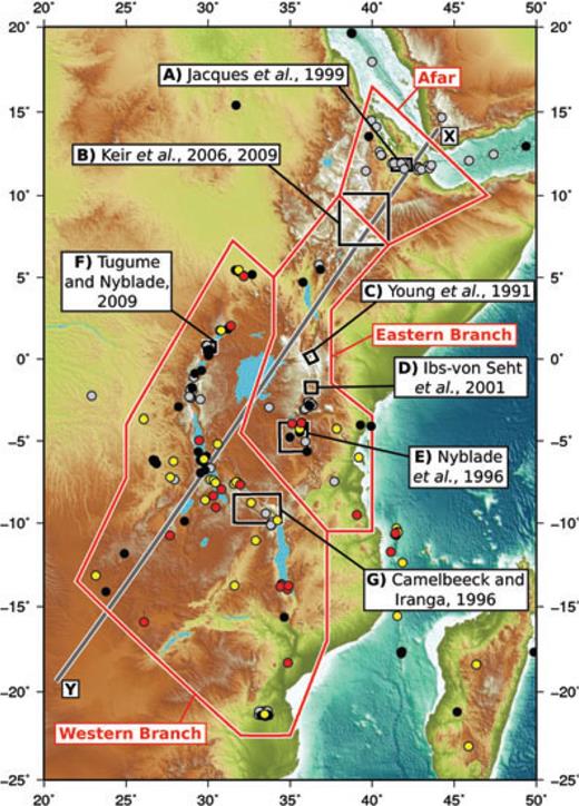 The East African Rift System. The areas of local seismic networks, discussed in the text, are shown by labelled black boxes. Red boxes show the areas of depth/frequency histograms in Fig. 8. Grey line shows the line of projection for Fig. 10. Earthquake modelling results are shown by coloured circles. Shading is indicative of centroid depth.