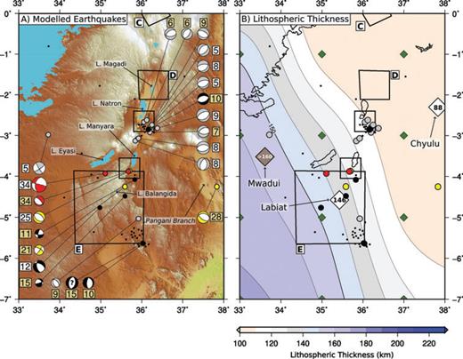(a) Seismic activity in the North Tanzanian Divergence. Earthquake symbols are as in Figs 5 and 6. (b) Lithospheric thickness in North Tanzania. Earthquake centroid depths are plotted as points, with colour indicating depth. Green diamonds indicate points where lithospheric thickness is determined from 1-D temperature profiles by the method of Priestley et al. (2008). White diamonds are the locations of non-diamondiferous kimberlites at Labiat and Chyulu, where lithospheric thickness has been determined from fitting theoretical geotherms to P-T estimates from nodule compositions. The grey diamond is the location of the diamondiferous kimberlite at Mwadui, where Cr/Ca array barometry gives a lower limit on the lithospheric thickness. Boxes are the locations of local earthquake studies as referred to in the text.