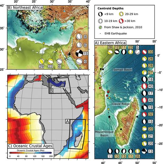 (a) East African margin. (b) Northeastern margin of Africa. Events in green are selected from Shaw & Jackson (2010), demonstrating faulting with trench-parallel P-axes, curving around with the trench axis. (c) Oceanic crustal ages, after Muller et al. (2008).