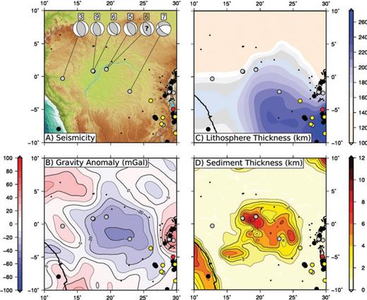 The Congo Basin. (a) Earthquake focal mechanisms and centroid depths from this study. No gCMT mechanism was available for the event marked by a ?, so a mechanism consistent with available data was assumed for depth-phase modelling. Events on the EARS are shown in Figs 5 and 6. EHB catalogue earthquakes are shown as small black dots. (b) Free-air gravity anomalies over the Congo Basin, with centroids indicated by colour of points for major earthquakes. (c) Lithospheric thickness across the Congo Basin. The Congo Basin formed within the extent of the Congo craton, associated with thick lithosphere. The effects of basin formation on the lithospheric thickness are considered by Crosby et al. (2010). (d) Sediment thickness, from Laske & Masters (1997).