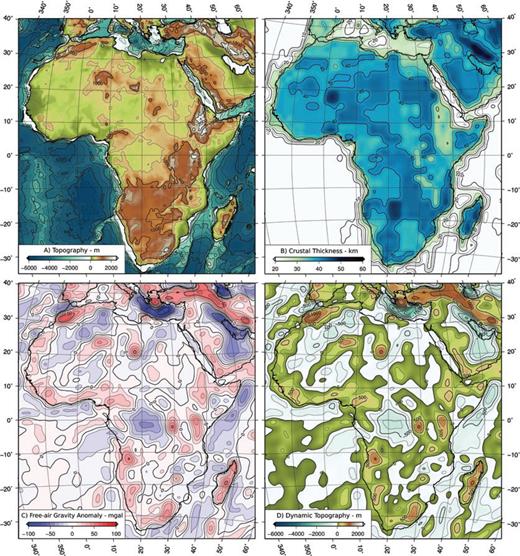Data considered for dynamics calculations. (a) SRTM30PLUS topography, filtered to remove features at lengthscales of ≤100 km. (b) Crustal thickness from the CRUST2.0 model of Bassin et al. (2000). (c) Free-air gravity anomalies at 500 ≤λ≤ 4000 km. (d) Dynamic topography, calculated from the free-air gravity anomaly using a mantle density of 3300 kg m−3.