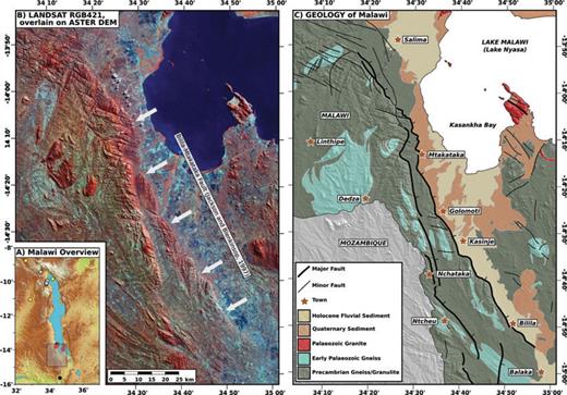 The Bilila-Mtakataka Fault, Southern Malawi. (a) Location map. (b) Landsat RGB 421 image, overlain on shaded ASTER DEM. Grey arrows indicate the Bilila-Mtakataka Fault, as mapped by Jackson & Blenkinsop (1997), which ruptured in a single event. (c) Simplified geological map of the region, based on published maps from the Geological Survey of Malaŵi.