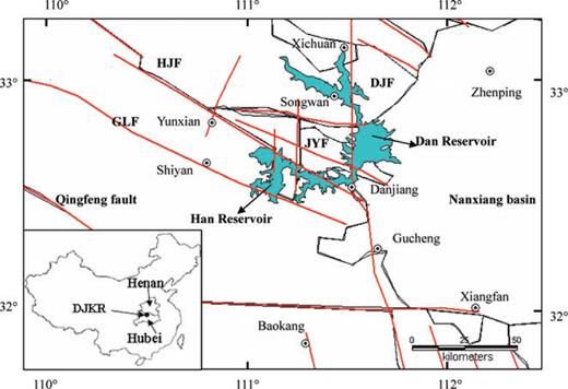 Tectonics in Danjiangkou Reservoir area. The red lines show the main faults. Danhjiangkou Reservoir consists of Dan and Han Reservoirs. The reservoir is located between Hubei and Henan provinces. Open circles show locations of villages. The deep crustal faults in the reservoir area are Danjiang (DJF), Junyun (JYF), Gonglu (GLF) and Hanjiang (HJF) faults.