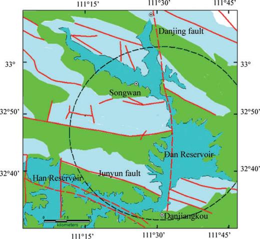 Geological map in Danjiangkou Reservoir area. The red lines show the faults in the reservoir area. The light blue area shows the carbonate rocks with high permeability, and the green area shows crystalline rocks with low permeability. The open circles show the locations of villages, and the dashed circle encloses region of intense seismicity.