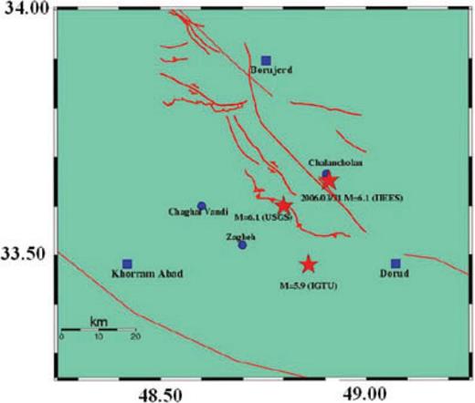 Map of the earthquakes location of the 2006 Silakhor, ML = 6.1 and stations at which causative main shock were recorded.