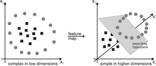 Two classes of data in the original 2-D space (left) and in a higher-dimensional feature space (right).