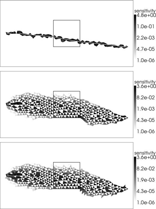 As in Fig. 5 but with logarithmic colour scale and rays drawn in white.