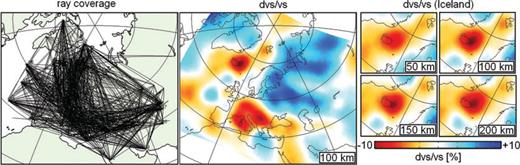 Full waveform tomography for the European upper mantle. Left-hand side: Ray coverage. Centre: Relative S wave speed perturbations at 100 km depth. Right-hand side: Zoom on the Iceland hotspot at various depth levels. The reference model is AK135 (Kennett et al. 1995).
