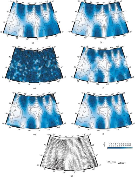 Maximum shear strain distributions in the simulating region obtained using different computation methods: (a) theoretical results, (b) results of Delaunay triangulation (not including random errors), (c) results of Delaunay triangulation (including random errors), (d) results of multisurface function (including random errors), (e) results of spherical harmonics (including random errors), (f) results of least-squares collocation (including random errors) and (g) input data (including random errors).
