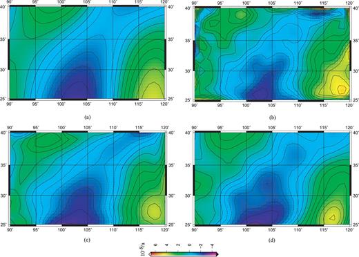 Results of the surface strain rate field using the three gridded approaches in medium scale: (a) theoretical results, (b) multisurface functions, (c) spherical harmonic and (d) least-squares collocations.