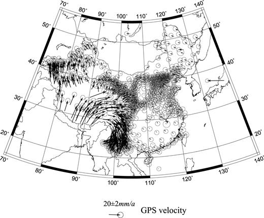 Distributions of GPS velocity fields from 1999–2004.